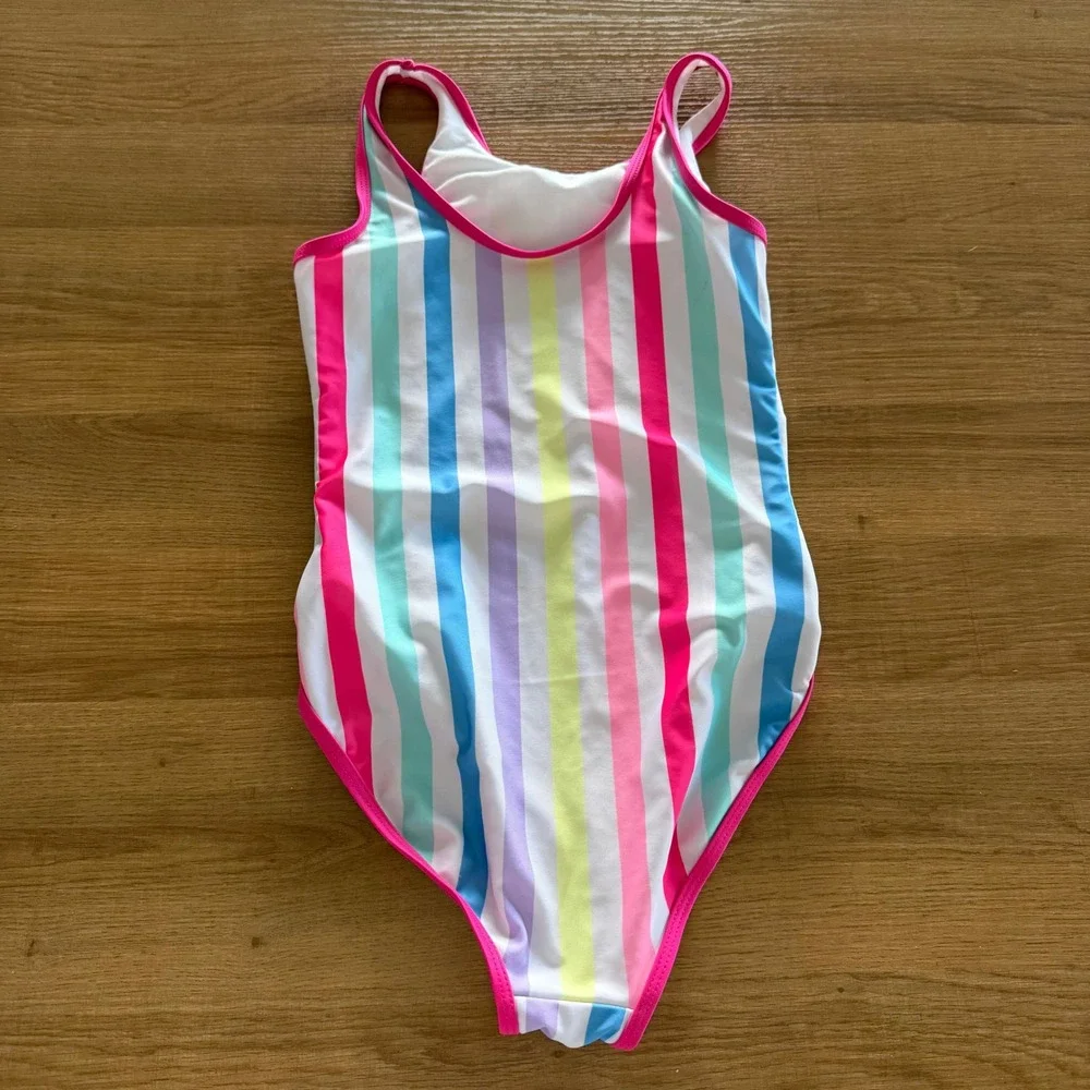 Wonder Nation Girls Rainbow Stripe One Piece Swimsuit Pink Trim L 10-12 3T3